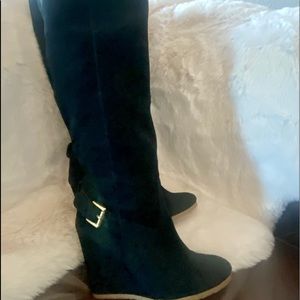 COACH Black Suede Wedge Heel Knee High Boots Size 6.5